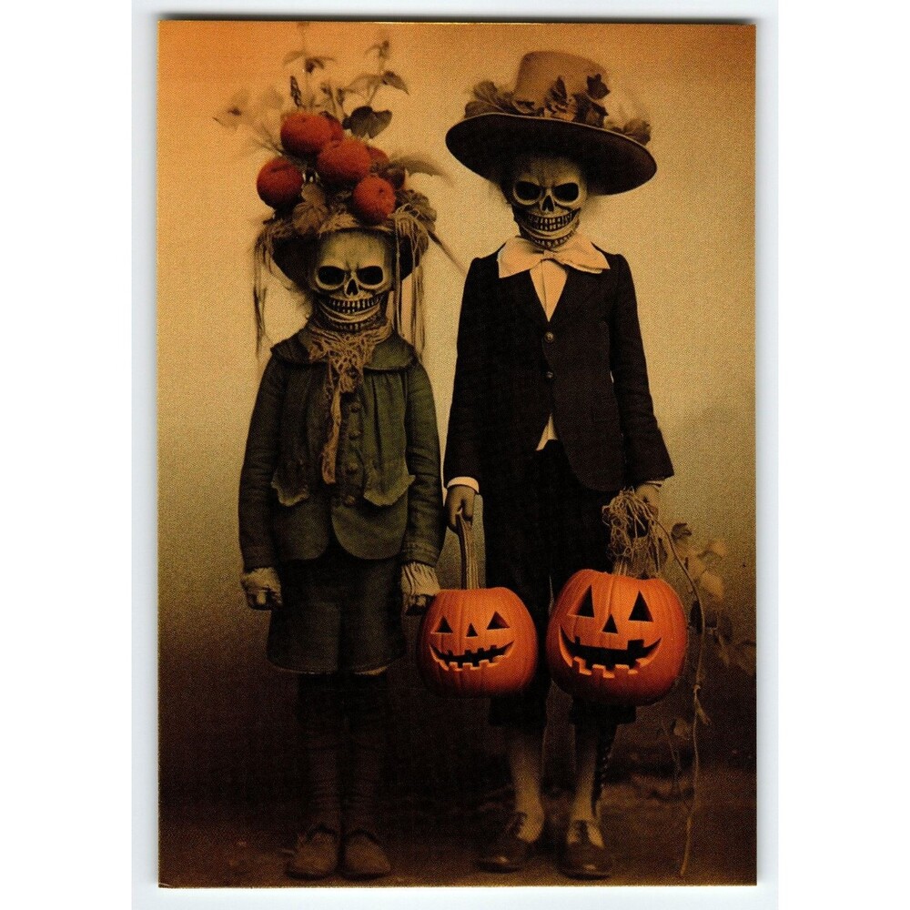 Vintage Halloween Photochrome Postcard with Skeleton Children & Jack-o'-Lanterns